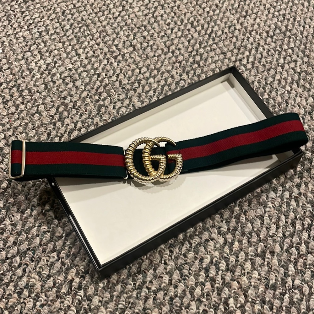 Gucci Piccadilly Moon Elastic Web Belt w/ Textured GG Buckle